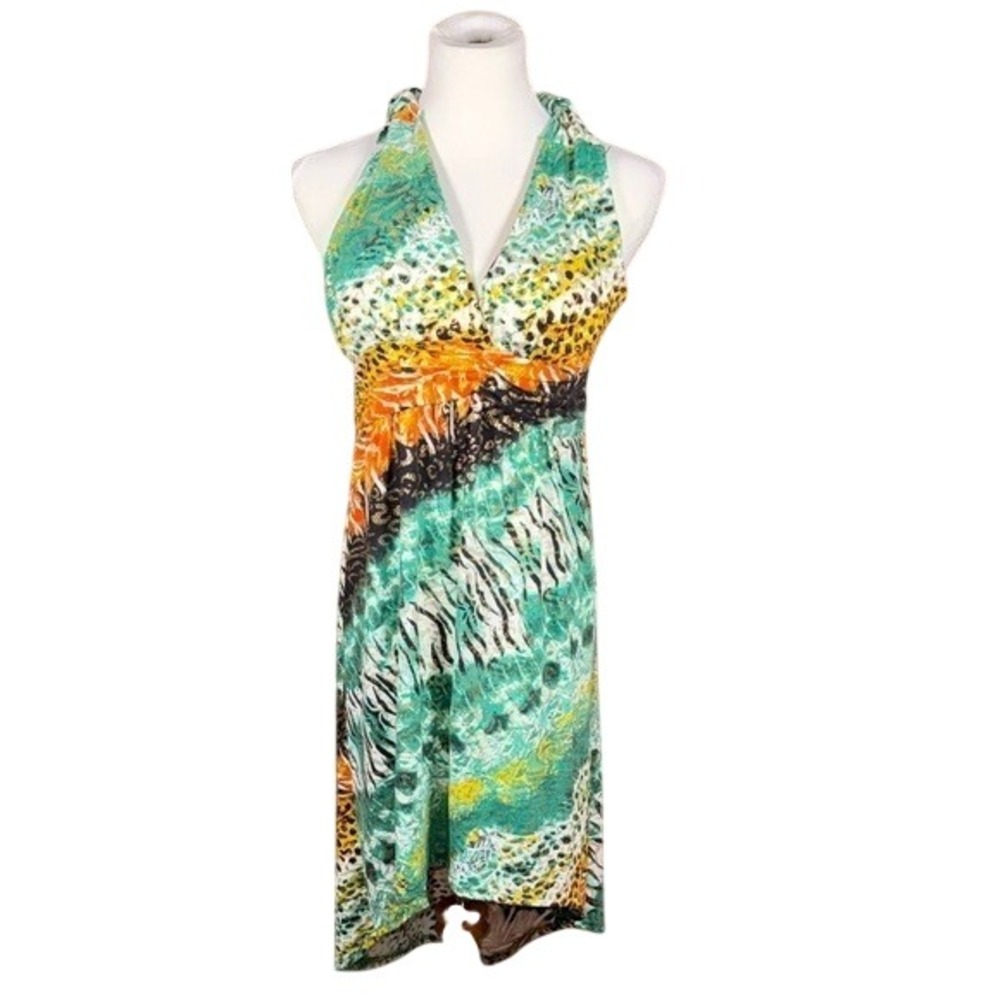 Shoreline Dress Womens M Halter High-Low Green Orange Animal Print Cheetah Zebra